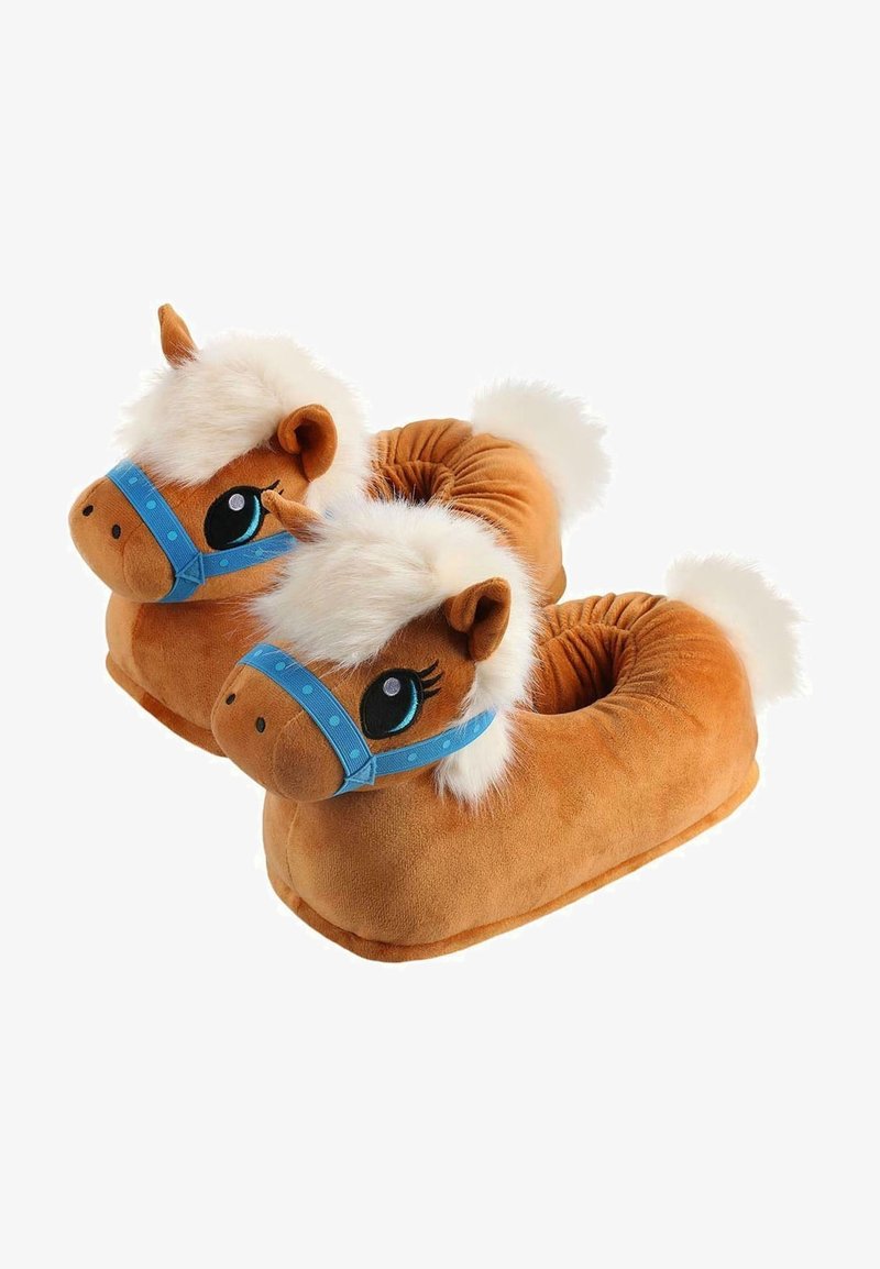 Chaussons doux marron en forme de chevaux avec crinières blanches et brides bleues, conçus pour une utilisation intérieure et le confort.