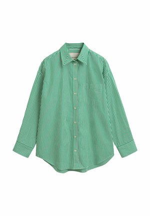 Groen en wit gestreepte lange mouw shirt met een button-down kraag, met een voorzak en contrasterende gestreepte manchetten.