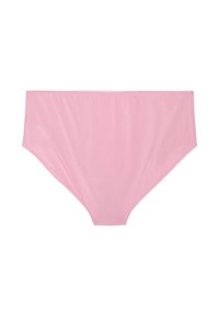 Braguitas de bikini para mujer de corte alto en rosa claro sólido, con tela suave y bordes limpios cosidos, mostradas planas sobre un fondo blanco.