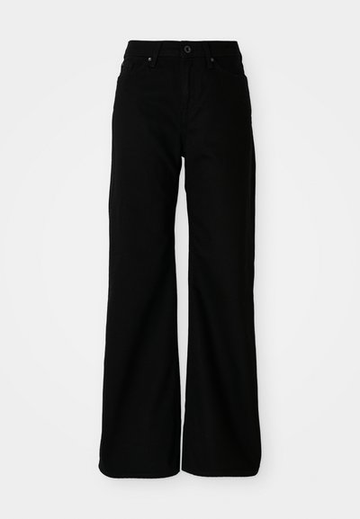 Black wide-leg trousers made of denim fabric. Features a fitted waist, front pockets, and a button closure. Smooth texture with minimal detailing.