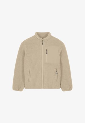 Veste en polaire beige avec une fermeture éclair à l'avant, un col montant et des poignets élastiqués. Dotée d'une poche poitrine et de deux poches latérales, avec des accents lisses aux épaules.