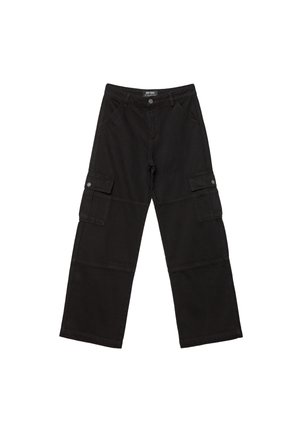 Pantaloni cargo neri con vestibilità ampia, dotati di numerose tasche, chiusura con bottone e un materiale di cotone robusto. Cuciture piatte e design semplice.