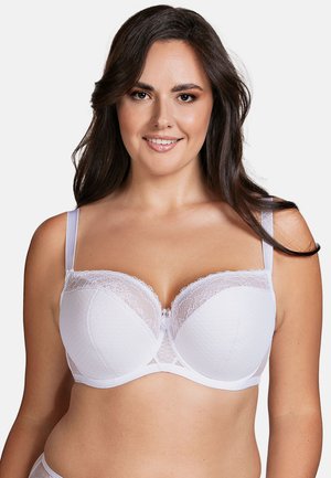 Weißer BH mit Spitze, strukturierten Cups und dünnen verstellbaren Trägern. Verfügt über ein strukturiertes Muster und eine kleine dekorative Schleife in der Mitte.