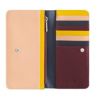 Leather wallet open to reveal pink exterior and compartments in yellow, navy, burgundy, and beige, with a zippered pocket and snap closure.