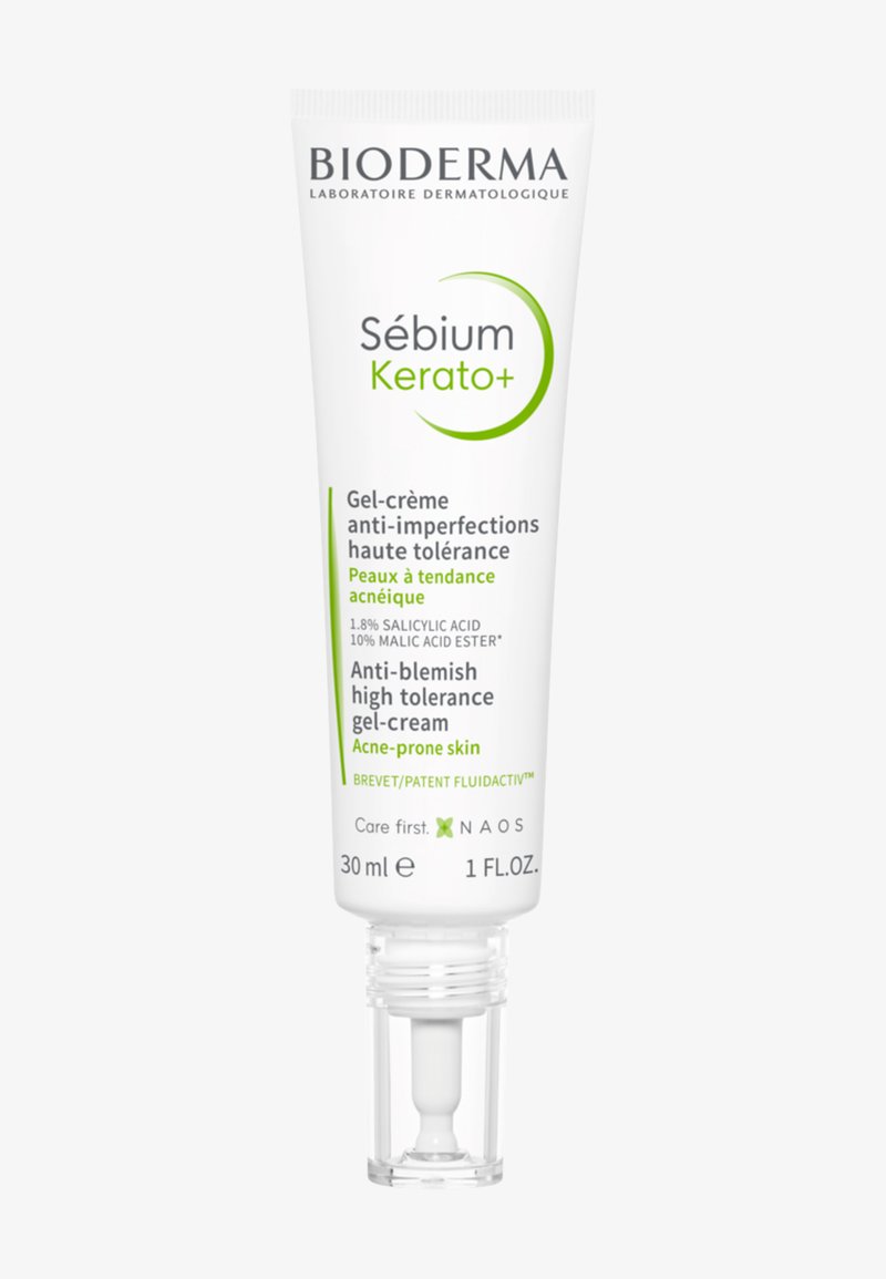 Bioderma Sébium Kerato+ Anti-Unreinheiten Gel-Creme für Akne-anfällige Haut, 30 ml Tube mit Pumpspender, enthält Salicyl- und Apfelsäure.
