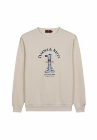 Sudadera beige clara fabricada con tejido suave, que presenta un gran gráfico azul con el texto "Harper & Never 1 East Coast Open" y palos cruzados.