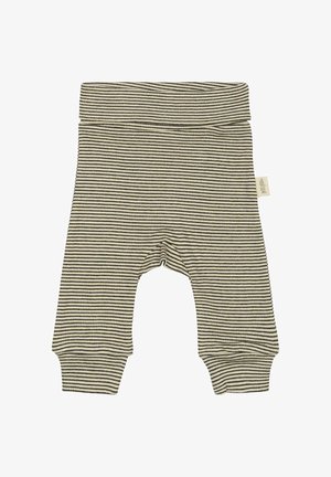 Csíkos pamut baba nadrág, puha bordás derékpánttal, krém és sötétbarna semleges árnyalatokkal, térdkivágásokkal tervezve.