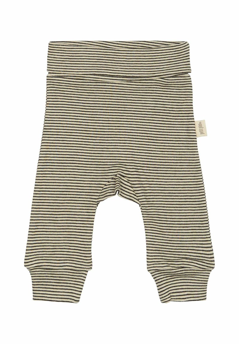 Gestreepte katoenen babybroek met een zachte geribbelde tailleband, in neutrale tinten van crème en donkerbruin, ontworpen met knielappen.