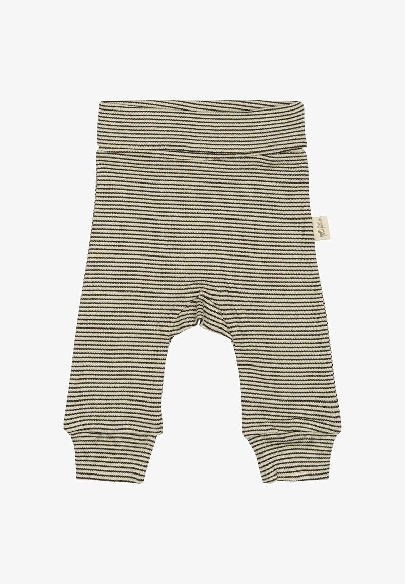 Csíkos pamut baba nadrág, puha bordás derékpánttal, krém és sötétbarna semleges árnyalatokkal, térdkivágásokkal tervezve.