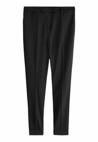 Zwarte broek met een recht model, gemaakt van een gladde stof. Heeft een normale tailleband en voorplooien voor extra detail.