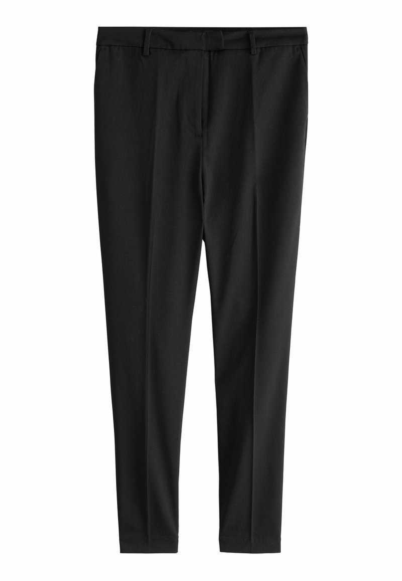Zwarte broek met een recht model, gemaakt van een gladde stof. Heeft een normale tailleband en voorplooien voor extra detail.