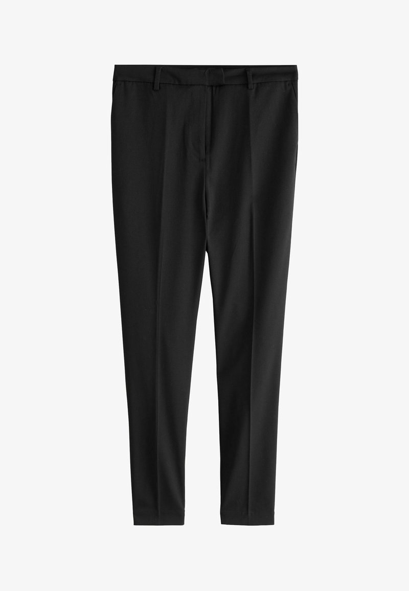 Zwarte broek met een recht model, gemaakt van een gladde stof. Heeft een normale tailleband en voorplooien voor extra detail.