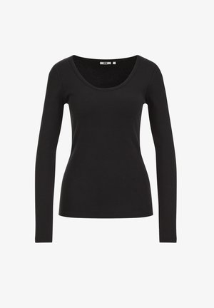 Must have ribat kangastega must pika varrukaga särk, millel on avar kaelus ja lähedalt istuv disain, ilma nähtavate mustrite või eristuva riistvarata.