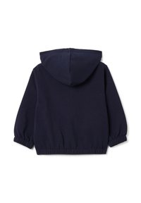 Sudadera azul marino con capucha ajustable, puños elásticos y cintura elástica. Tela suave con una textura lisa y un diseño casual.