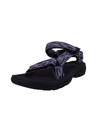 Sandale noire avec des brides en motif camouflage violet, dotée d'une semelle texturée et de brides ajustables pour un maintien sécurisé. Design léger.