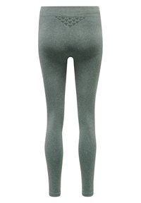 Gray seamless leggings with high waistband and textured triangular pattern on the back waist, shown from the rear.