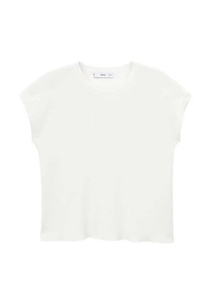 T-shirt bianco a maniche corte con scollatura rotonda, texture morbida e vestibilità rilassata. L'orlo leggermente curvo aggiunge un tocco informale.