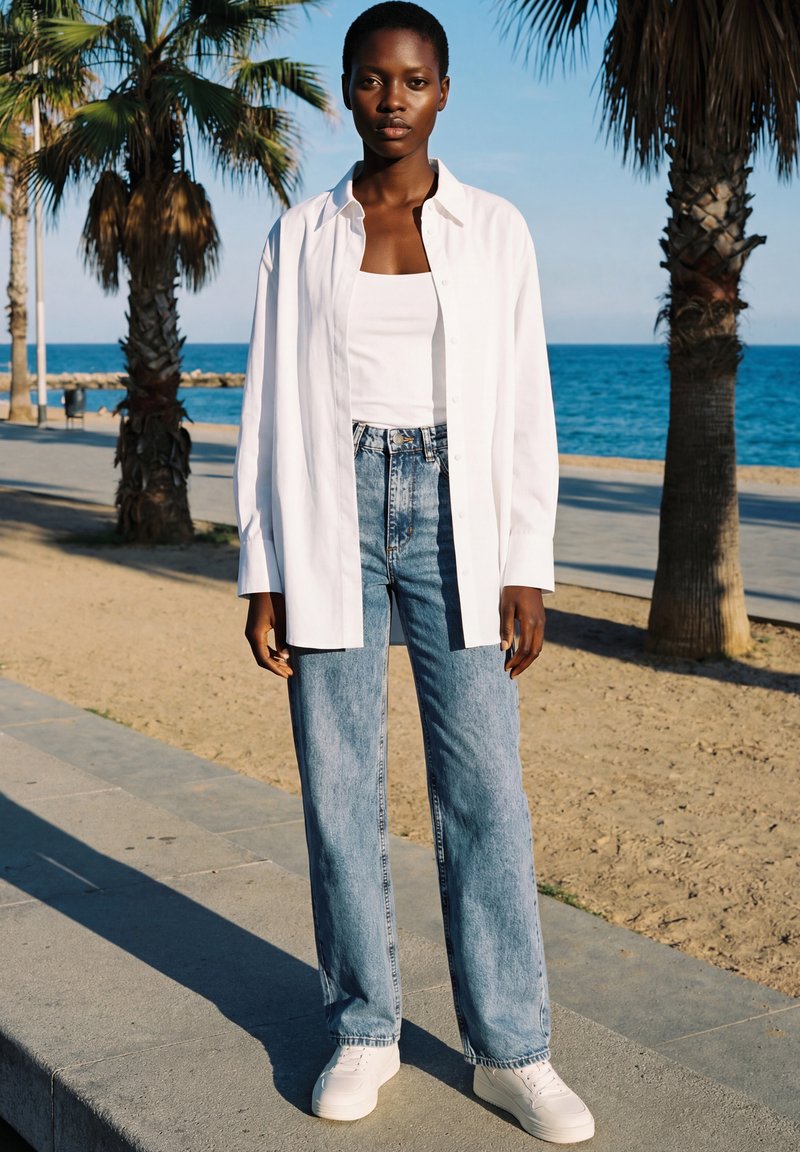 Kvinde stående på en promenade ved havet iført en hvid skjorte, hvid tanktop, blå jeans og hvide sneakers, med palmer og hav i baggrunden.
