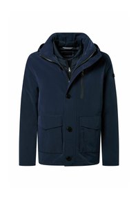 Marineblauwe herenjas met capuchon, vooraan sluitingen met knopen en rits, een ritszak op de borst en twee klepzakken.