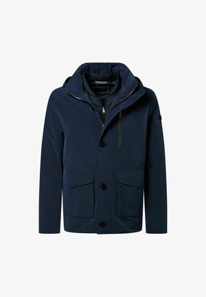 Marineblauwe herenjas met capuchon, vooraan sluitingen met knopen en rits, een ritszak op de borst en twee klepzakken.