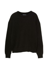 Pulover negru tricotat cu textură ribbed, gât rotund �și umeri căzuți. Designul prezintă o croială lejeră și mâneci lungi.
