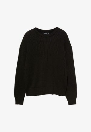 Schwarzer Strickpullover mit gerippter Textur, Rundhalsausschnitt und überschnittenen Schultern. Das Design bietet eine lässige Passform und lange Ärmel.