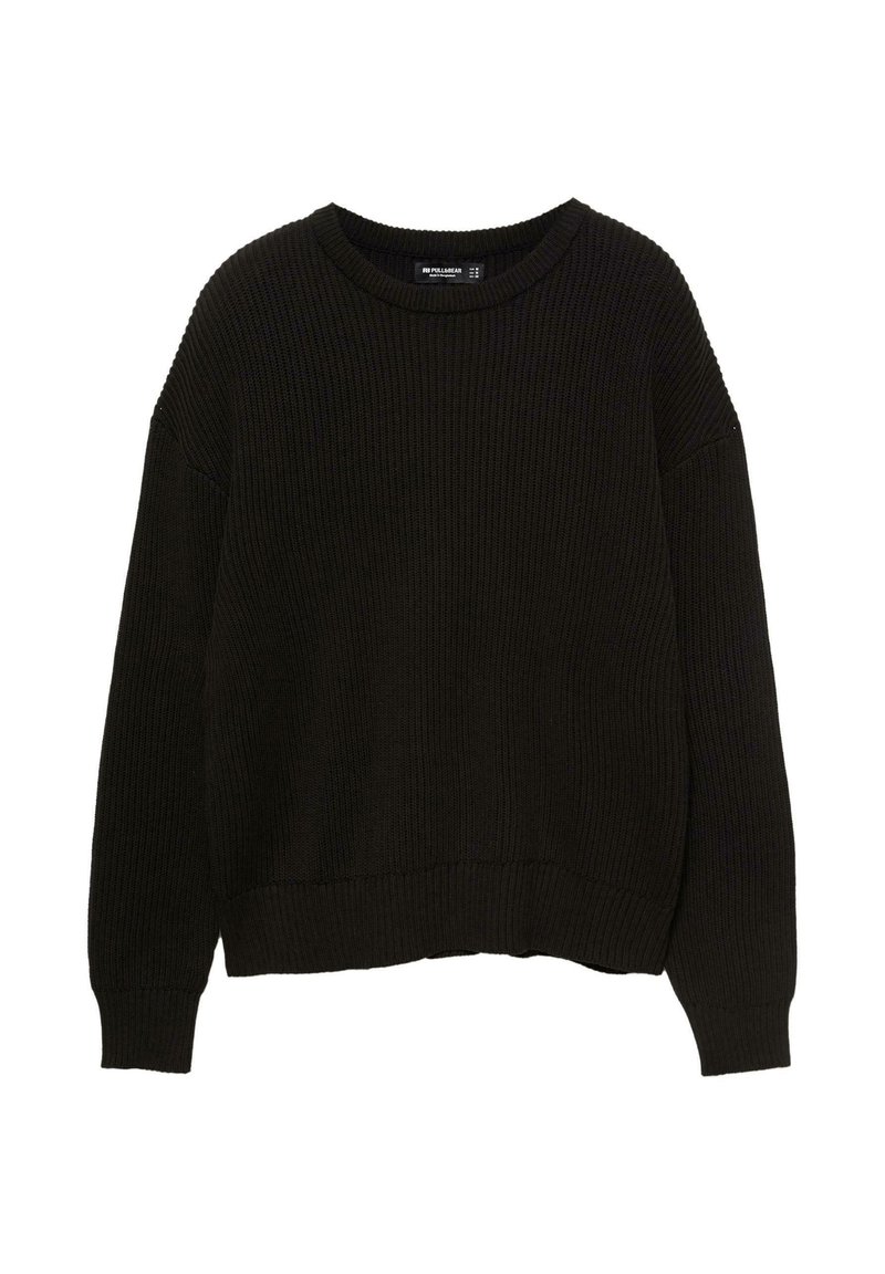 Pulover negru tricotat cu textură ribbed, gât rotund și umeri căzuți. Designul prezintă o croială lejeră și mâneci lungi.