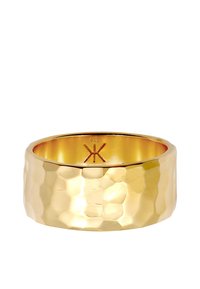 Gold-plated ring with a hammered texture, wide band, and smooth interior. Marked with "925" for silver purity and design detail.