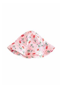 Pink bucket hat with a cherry and floral pattern. Made from soft fabric, features a wide brim and a relaxed, cozy shape.