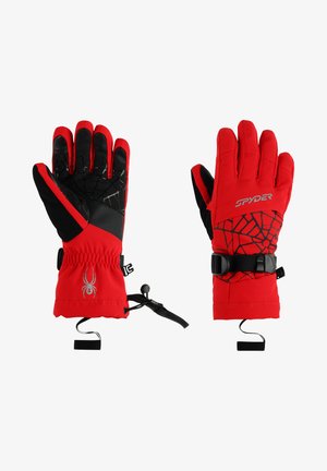 Guanti rossi con dettagli neri, realizzati in materiale impermeabile. Le caratteristiche includono una grafica di un ragno, cinturini regolabili ai polsi e palmo testurizzato.