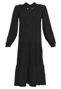 Robe noire en tissu doux, dotée de manches longues, d'un col à nouer et de volants en couches au bas. Légère avec une silhouette fluide.