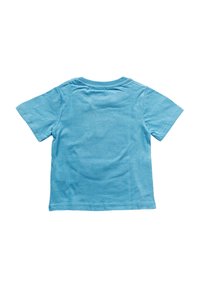 T-shirt per bambini a maniche corte di colore blu chiaro, posato in piano, che mostra il retro con colletto a costine e orlo e maniche con doppia cucitura.