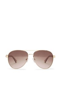 Lunettes de soleil aviateur avec monture en métal doré, verres dégradés marron et coussinets de nez transparents. Branches fines avec un détail de marque subtil.