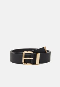 Black leather belt with a gold rectangular buckle and loop, featuring a smooth texture and a classic design.