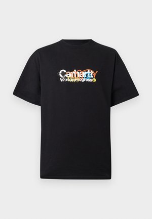 Zwart T-shirt met korte mouwen en een meerkleurige, overlappende grafische tekst "Carhartt working progress" op het midden van de voorkant.