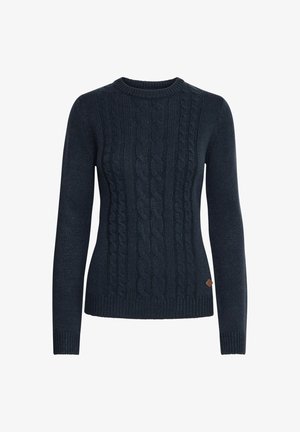 Marinblå stickad tröja med kabelmönster, rund halsringning och långa ärmar med ribbade muddar och nederkant. Subtil logotypdetalj.