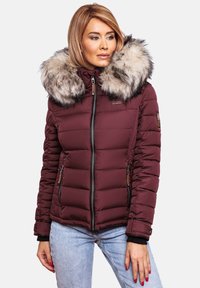 Burgundy puffer jacket with faux fur collar, zippered front, horizontal stitching, side pockets, and black accents on cuffs and hem.