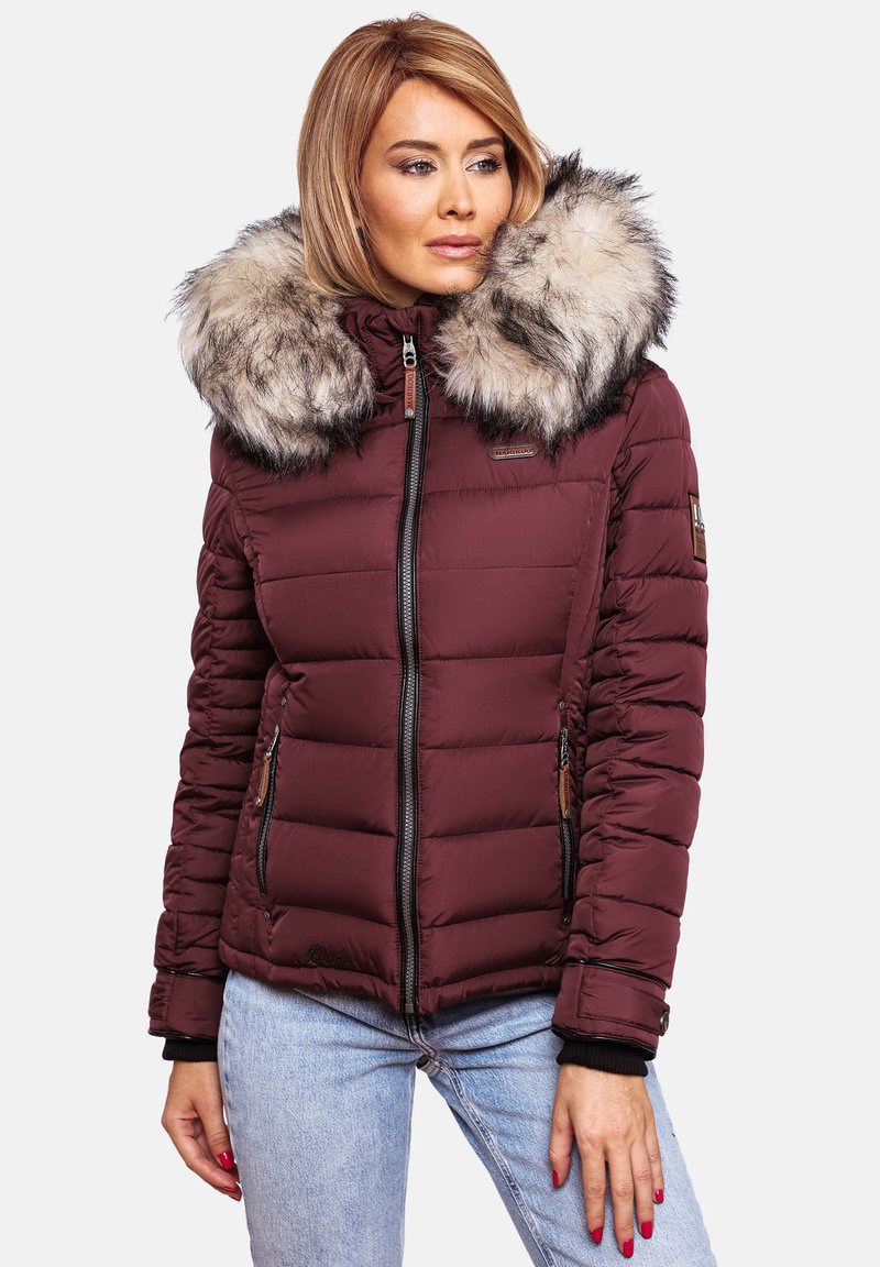 Burgundy puffer jacket with faux fur collar, zippered front, horizontal stitching, side pockets, and black accents on cuffs and hem.