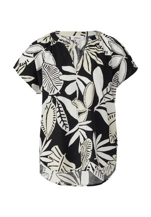 Zwart shirt met korte mouwen en witte bladvormen, met een afgeronde zoom, zachte stof en een V-hals zonder knopen.