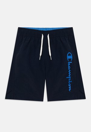 Tamnoplave kupaće hlače s elastičnim pojasom, bijelim vezicama i okomitim plavim "Champion" logom na desnoj nozi.