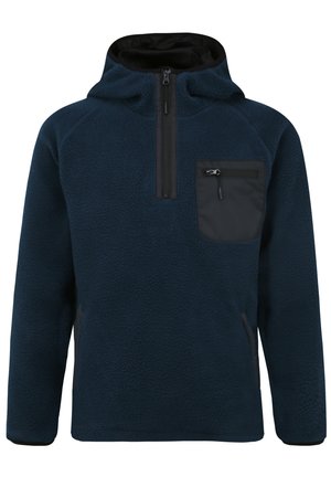 Navy fleece pullover with a black accent pocket and half-zip design. Features a hood and textured fabric for warmth.