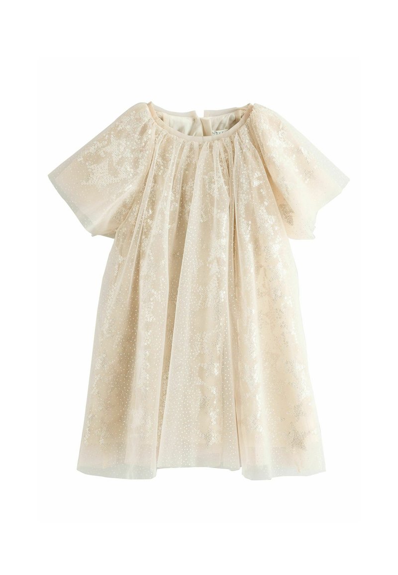 Robe beige pâle avec de courtes manches bouffantes, en tissu transparent orné de sequins scintillants et de motifs d'étoiles. Fermeture à boutons au dos.