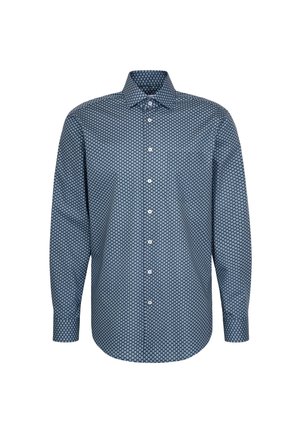 Herren Langarmhemd mit blauer geometrischer Kreisstruktur und spitzem Kragen.