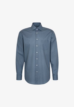 Herren Langarmhemd mit blauer geometrischer Kreisstruktur und spitzem Kragen.