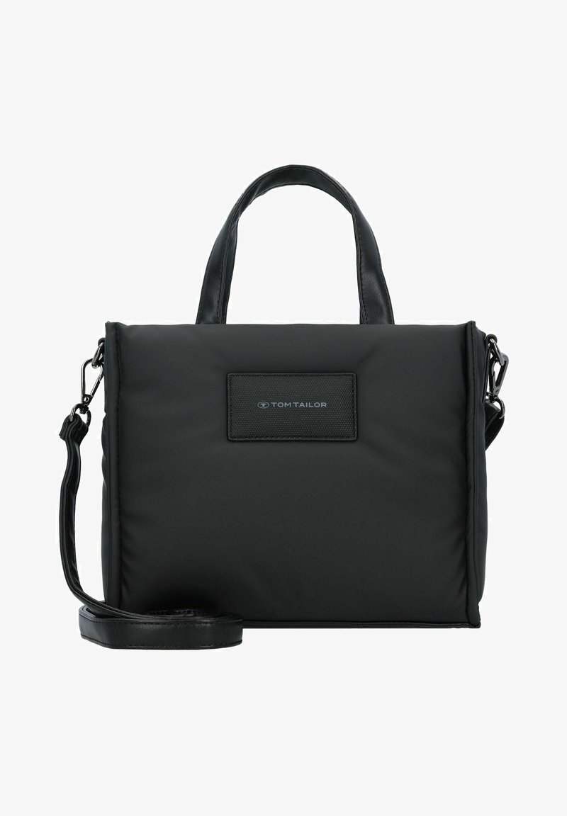 Borsa a tracolla nera di forma rettangolare, dotata di doppi manici, una tracolla removibile e una toppa rettangolare con logo.