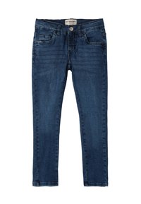 Jeans de denim azul con un diseño ajustado. Las características incluyen cierre con botón, bolsillos frontales y un leve desgastado en toda la tela.