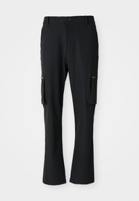 Black cargo pants made of lightweight fabric, featuring two side pockets, button closure, and a straight leg design.