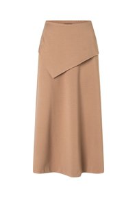 Beige Midikleid aus weichem Stoff mit asymmetrischem Wickeldesign und elastischem Bund. Glatte Textur.