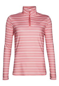 Camisa de manga larga rosa con rayas horizontales blancas, cuello con cremallera de un cuarto y logo de "protesta" en el pecho.