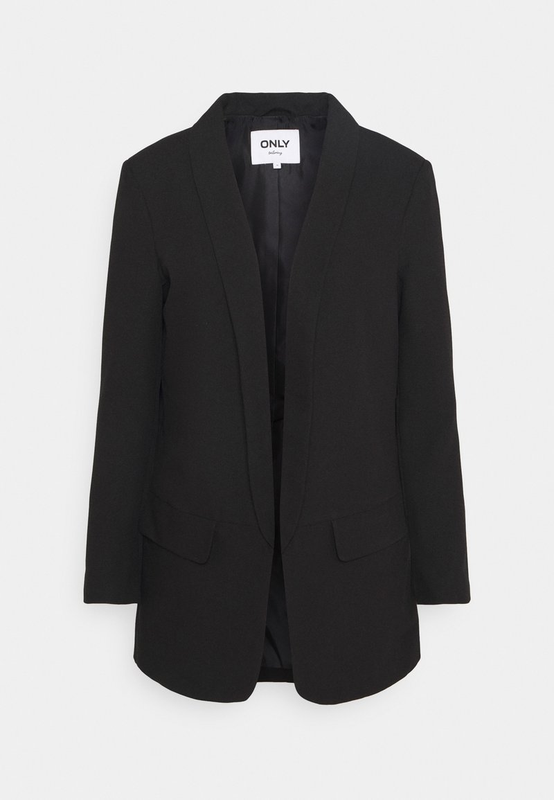 Blazer noir pour femme avec revers crantés, manches longues, poches à rabat et une étiquette portant l'inscription « ONLY selecting » à l'intérieur du col.